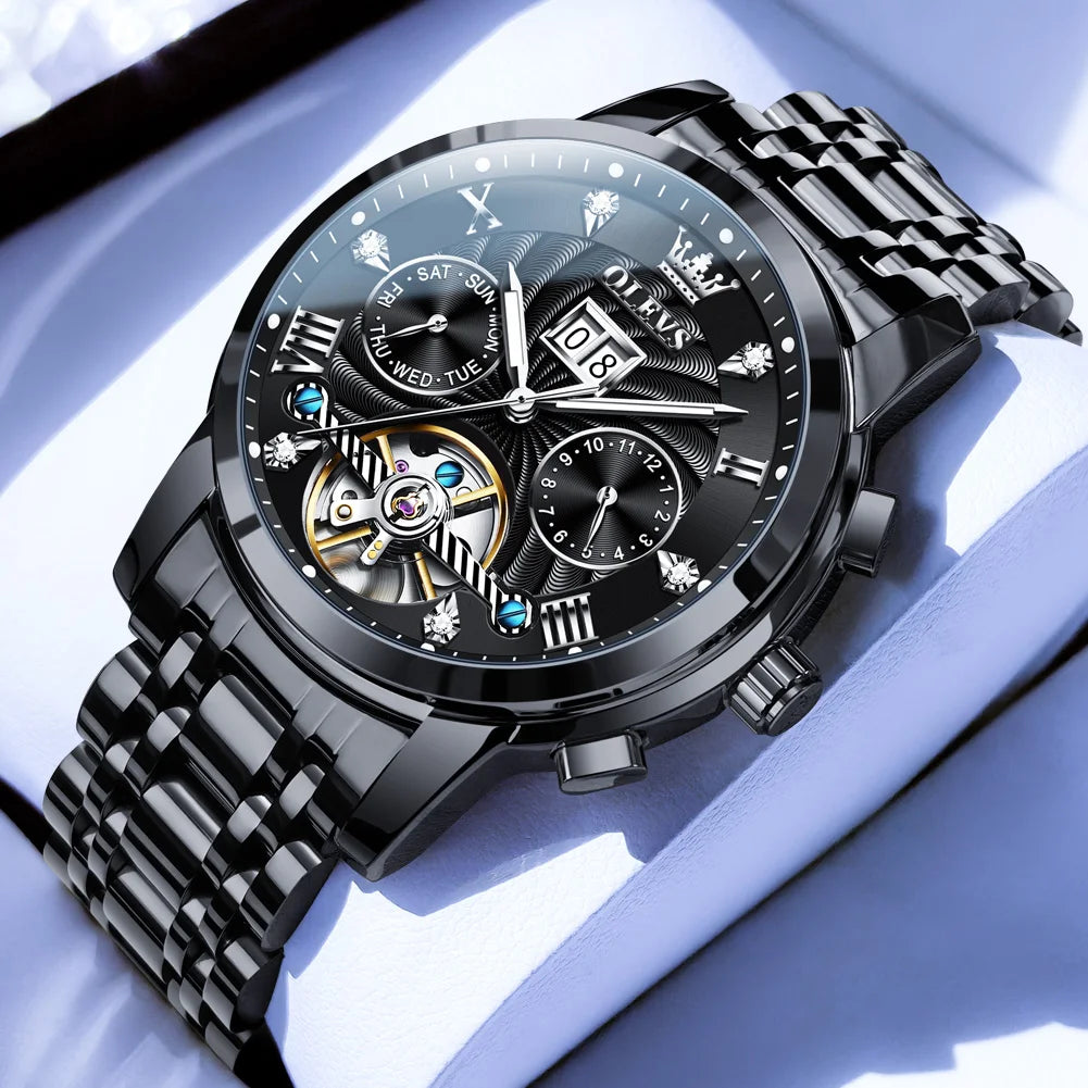 OLEVS Men's Watches 9910 Luxury Fashion Original Automatic Mechanical Watch for Man Waterproof Luminous Hollowed Out Movement