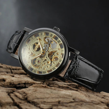 T-Winner Popular Lovers Skeleton Design Gold Watches Mechanical Hand Wind Movement PU Leather Strap Wristwatch for Men Women