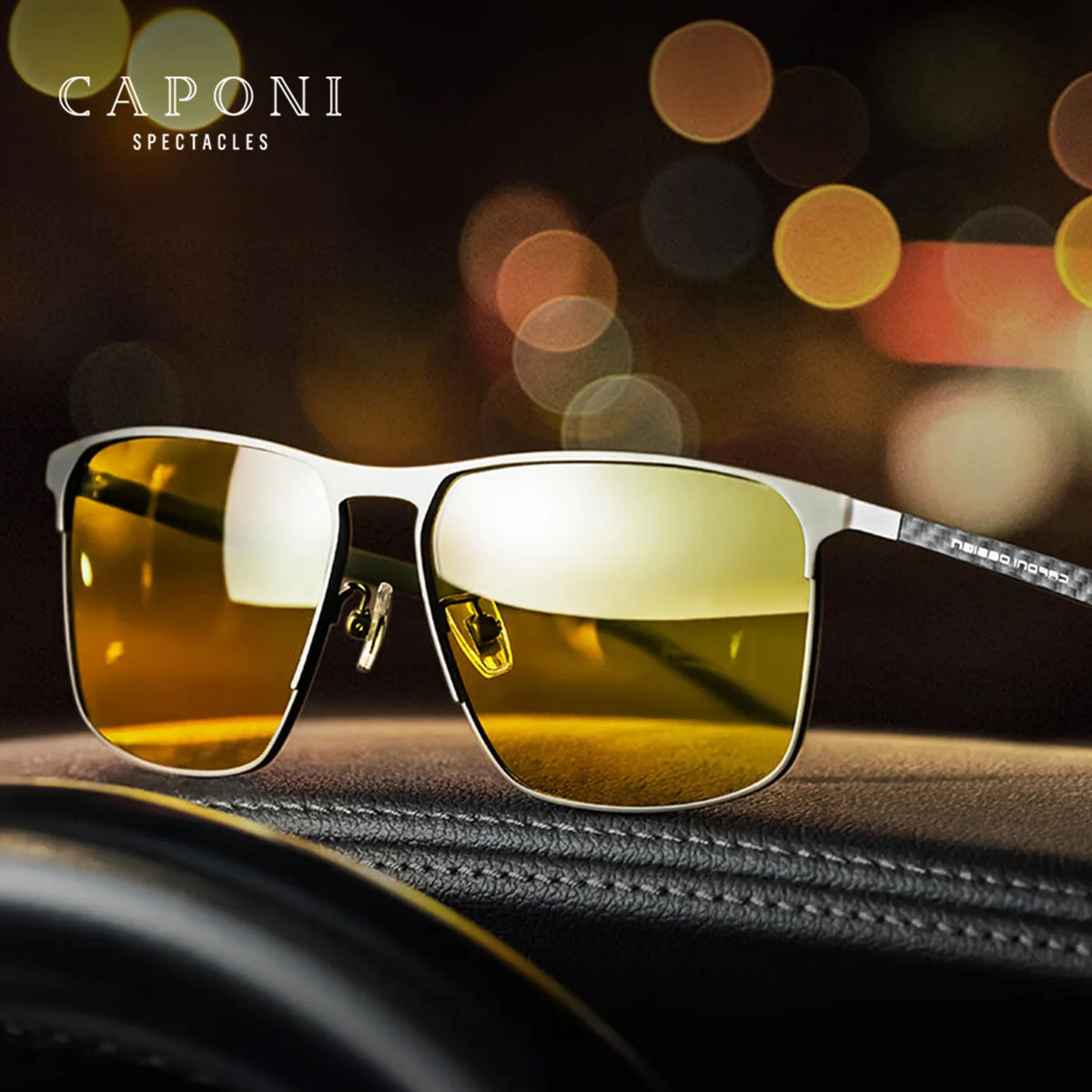 CAPONI Ochelari de soare cu vedere nocturnă de calitate superioară pentru bărbați și femei, ramă din fibră de carbon, ochelari pătrați, lentile UV400, ochelari de protecție BSYS28964