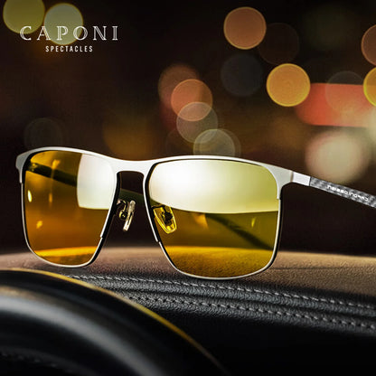 CAPONI Ochelari de soare cu vedere nocturnă de calitate superioară pentru bărbați și femei, ramă din fibră de carbon, ochelari pătrați, lentile UV400, ochelari de protecție BSYS28964