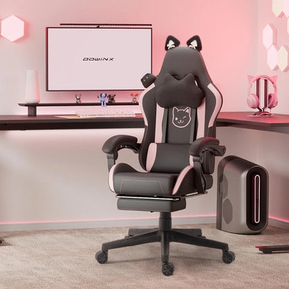 Söt gamingstol med kattöron och fotstöd – rosa kawaii-datorstol, ergonomisk gamer-stol med hög rygg och svankstöd med kattassmotiv