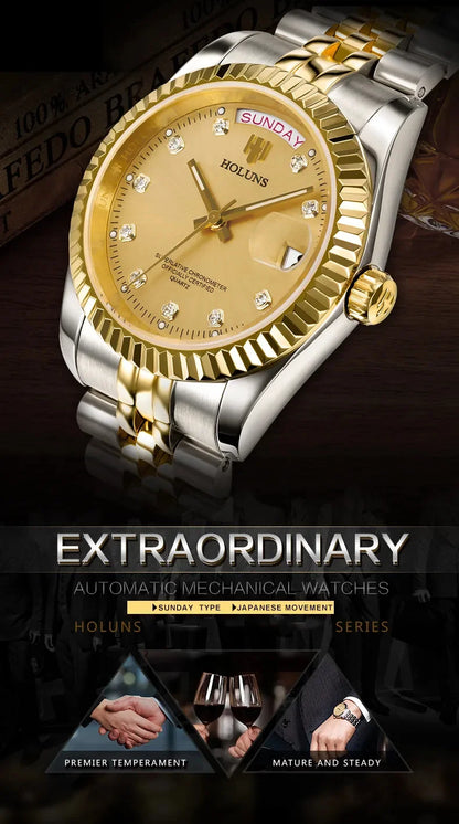 Holuns Luxury Classic 36/41mm Gold Men Watches Japan MIYOTA Quartz Movt Stainless Steel Classic Business Wristwatch Waterproof