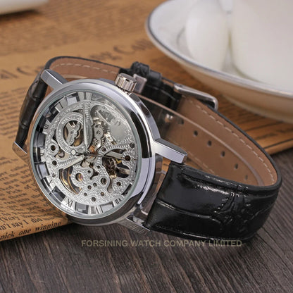 T-Winner Popular Lovers Skeleton Design Gold Watches Mechanical Hand Wind Movement PU Leather Strap Wristwatch for Men Women