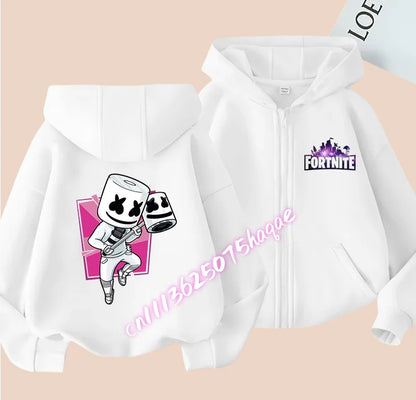 Nuova felpa con cappuccio autunnale per bambini Fortnite, giacca con zip e stampa personaggio cartoon del gioco, cappotto invernale per ragazzi