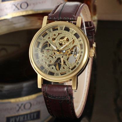 T-Winner Popular Lovers Skeleton Design Gold Watches Mechanical Hand Wind Movement PU Leather Strap Wristwatch for Men Women