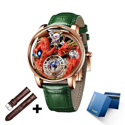 PINDU Fashion Roman Numeral Display Mineral Tempered Glass Material Quartz Movement 3ATM Waterproof Celestial Dragon Men's Watch