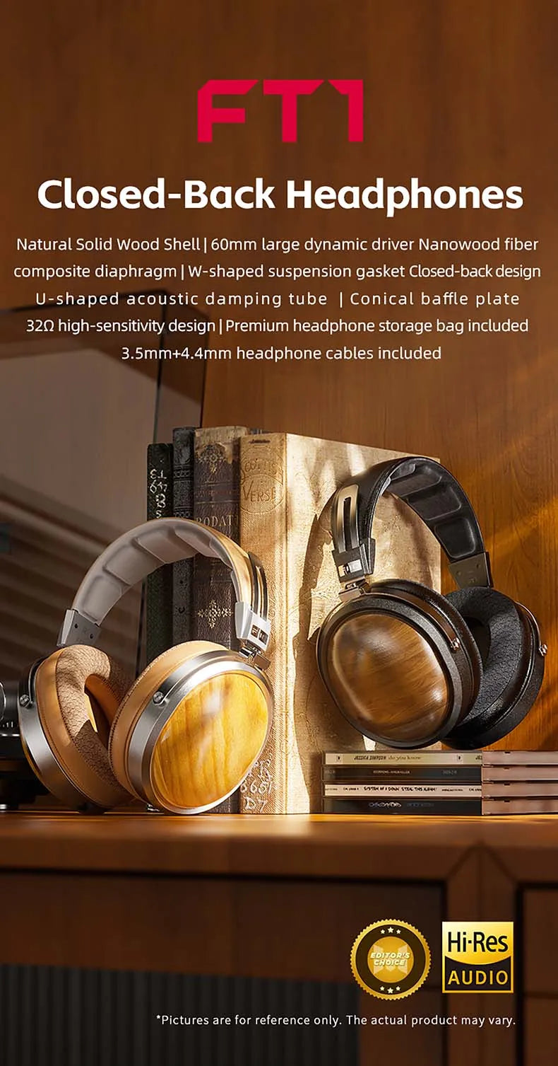 FiiO FT1 Professional Wired HiFi Monitor Headphones – North American Walnut Over-Ear Dynamic Stereo Headset with Leather & Metal Build