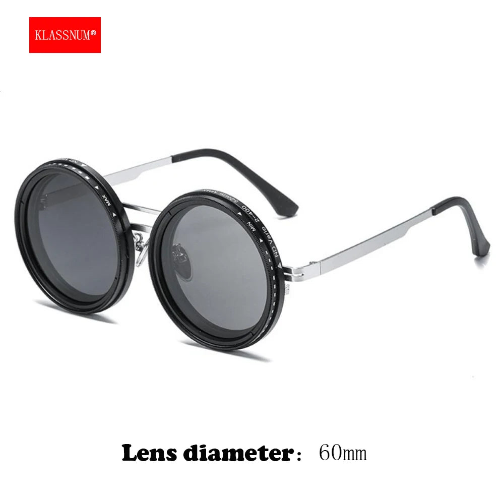 KLASSNUM Ochelari de soare reglabili pentru bărbați cu filtru ND Ochelari de soare cu reglare rapidă a luminozității ND9 Ochelari rotunzi polarizați pentru pescuit și condus
