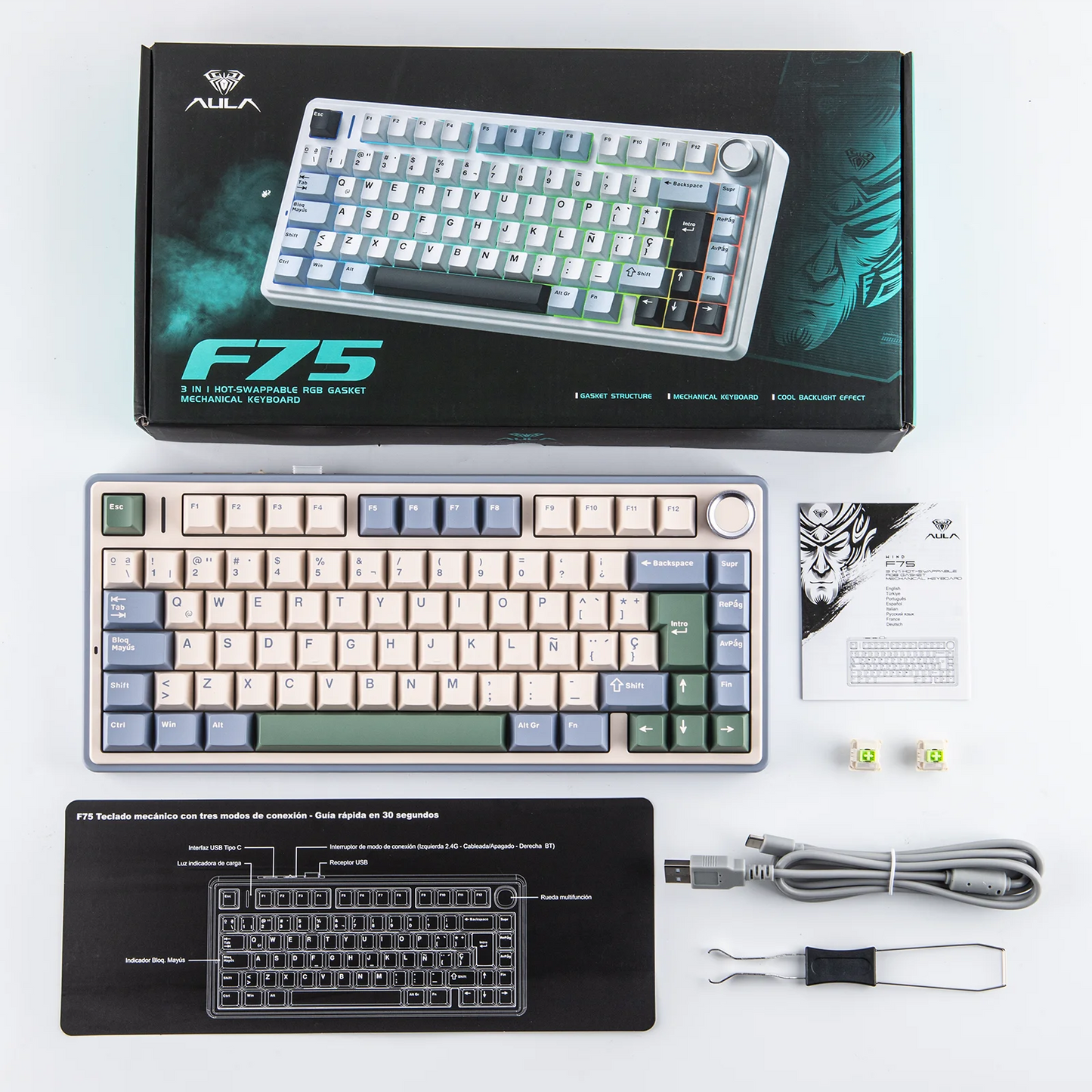 EPOMAKER AULA F75 ISO-ES 75% Spanische QWERTY Hot-Swap, Gasket-Mounted, kabelgebundene/Bluetooth/2.4GHz kabellose mechanische Gaming-Tastatur mit RGB-Hintergrundbeleuchtung