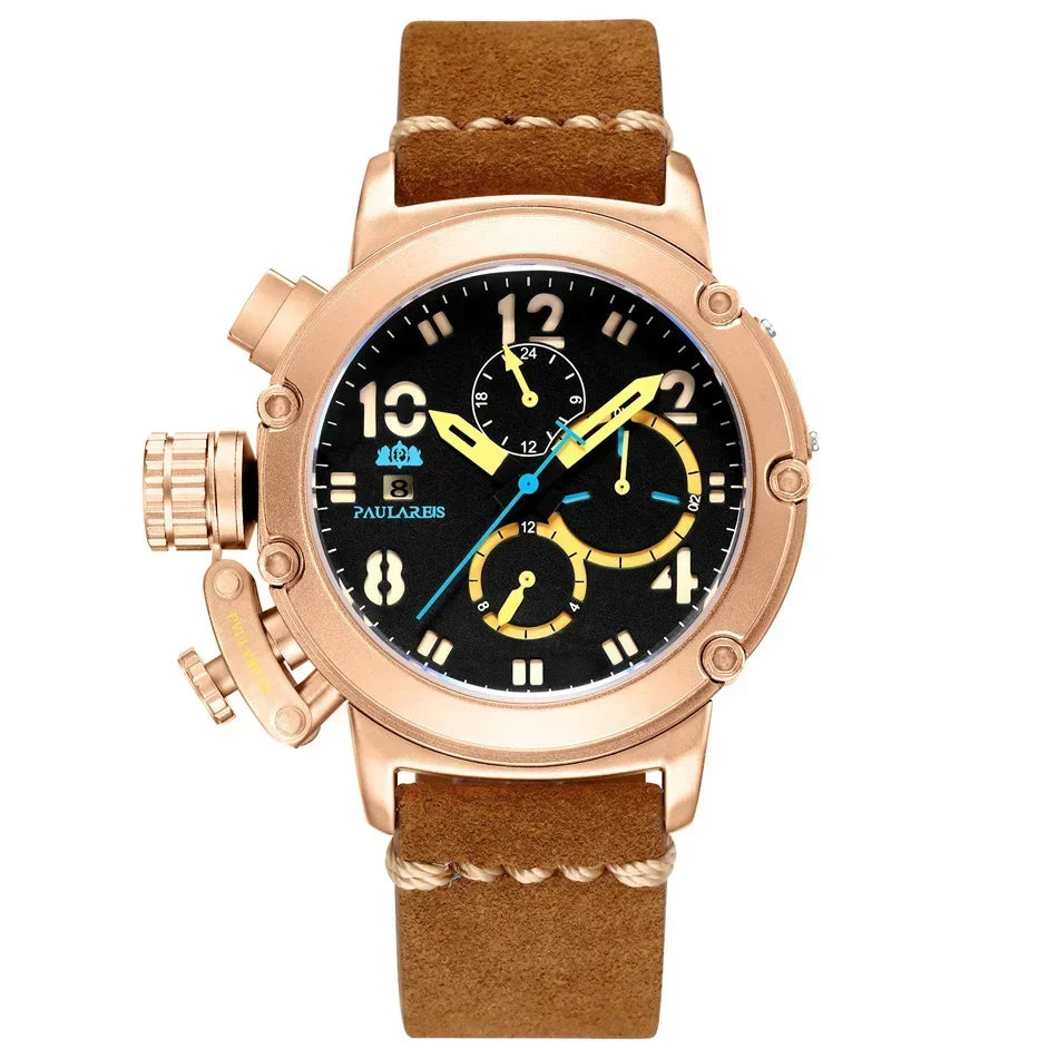 Automatic Watches for Men Mechanical Self Wind Genuine Leather Multifunction Date Boat Month Gold Bronze U Reloj Hombre Baratos