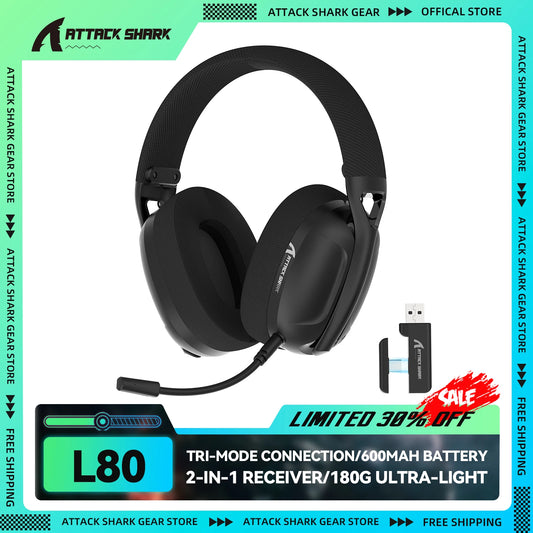Auriculares gaming ATTACK SHARK L80 ultraligeros de 180g – Inalámbricos trimodo (Bluetooth 5.3 / 2.4G / con cable), sonido envolvente 5.1, drivers de 40mm, micrófono desmontable