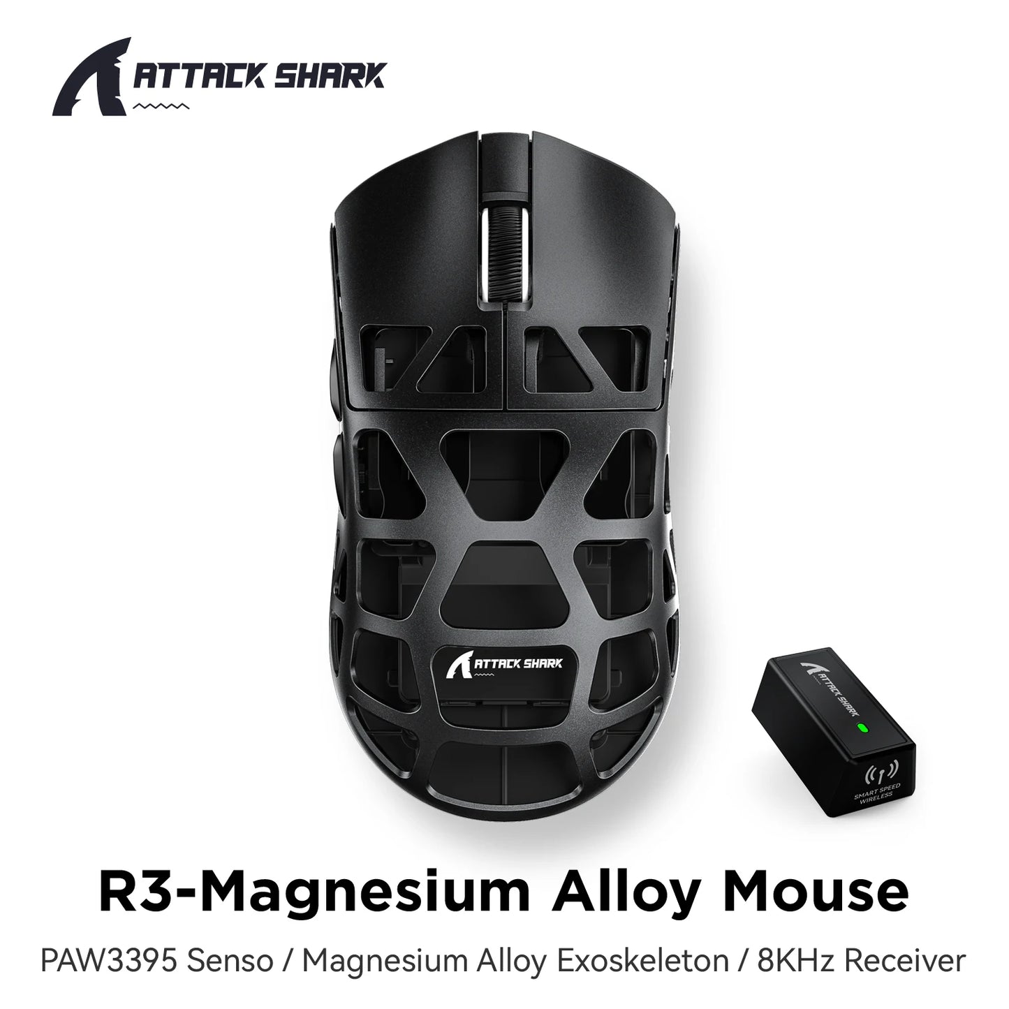 ATTACK SHARK R3 gaming miš od magnezijske legure s honeycomb dizajnom, ultra lagan 8K Hz, PAW3395 senzor, 26000 DPI, ergonomska školjka