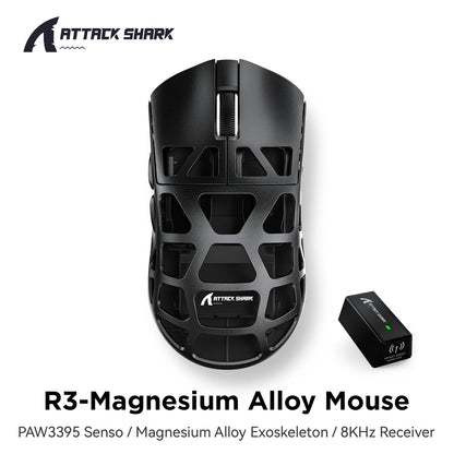 ATTACK SHARK R3 gaming miš od magnezijske legure s honeycomb dizajnom, ultra lagan 8K Hz, PAW3395 senzor, 26000 DPI, ergonomska školjka