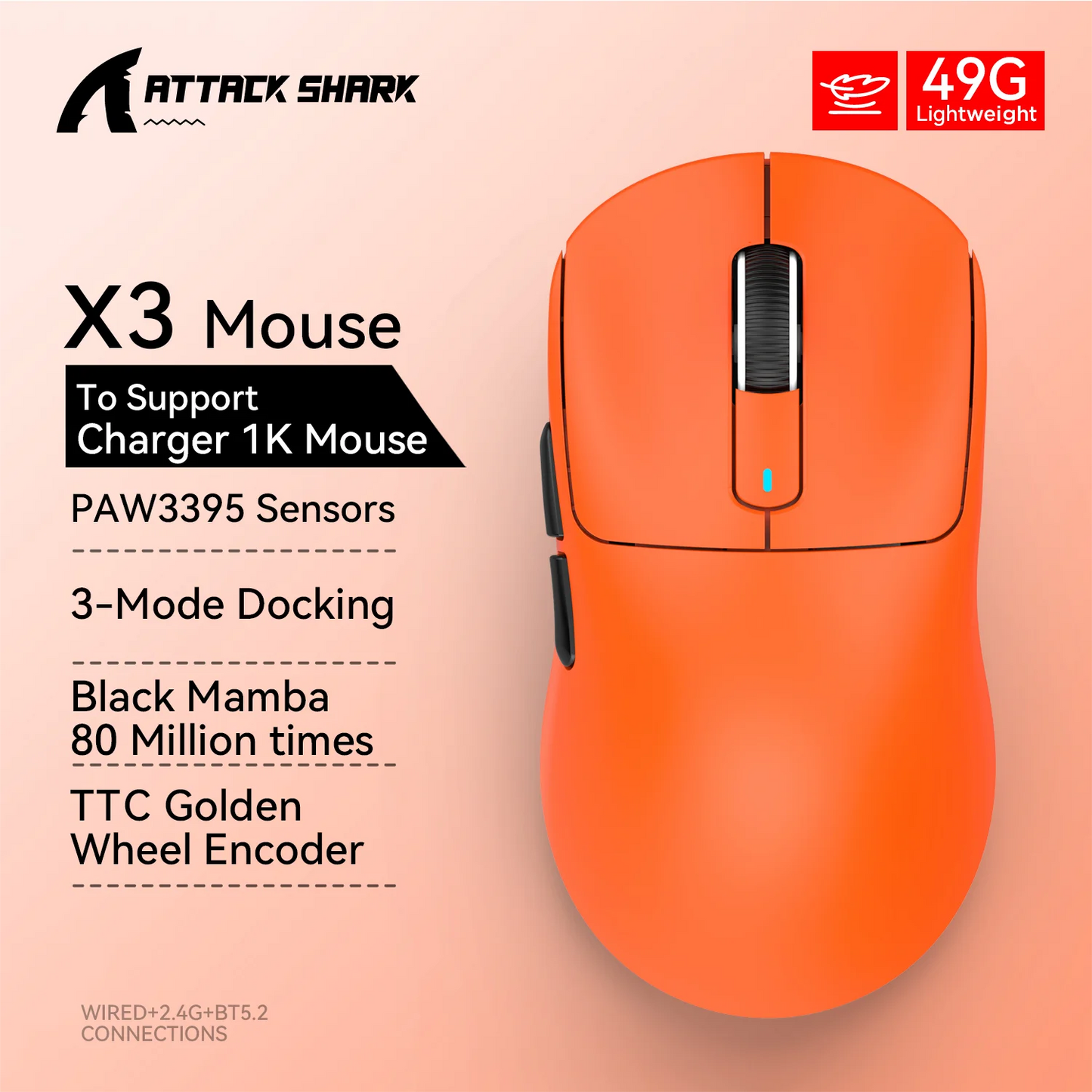 Mouse Gaming Wireless X3 ATTACK SHARK colore rosso, polling rate 4K, connessione Bluetooth tri-mode, PAW3395, mouse gaming Bluetooth con macro