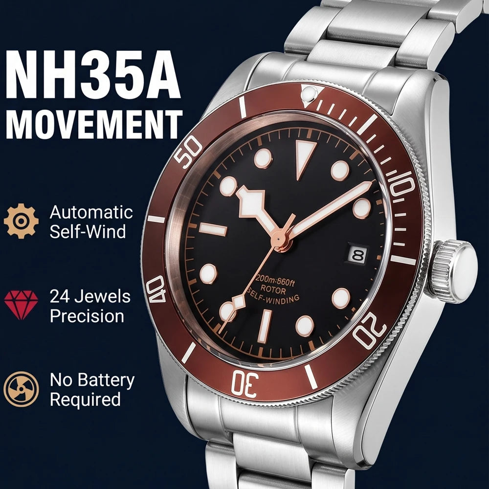 41MM Custom Name NH35A / Miyota 8215 Personalized Men's Automatic Watch Black Dial · Sapphire Crystal · 20ATM · Name & Logo E