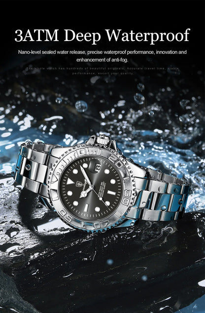 POEDAGAR Luxury Men's Watch Stainless Steel Date Quartz Fashion Watches For Man Waterproof Luminous Business Male Watch+Box Gift