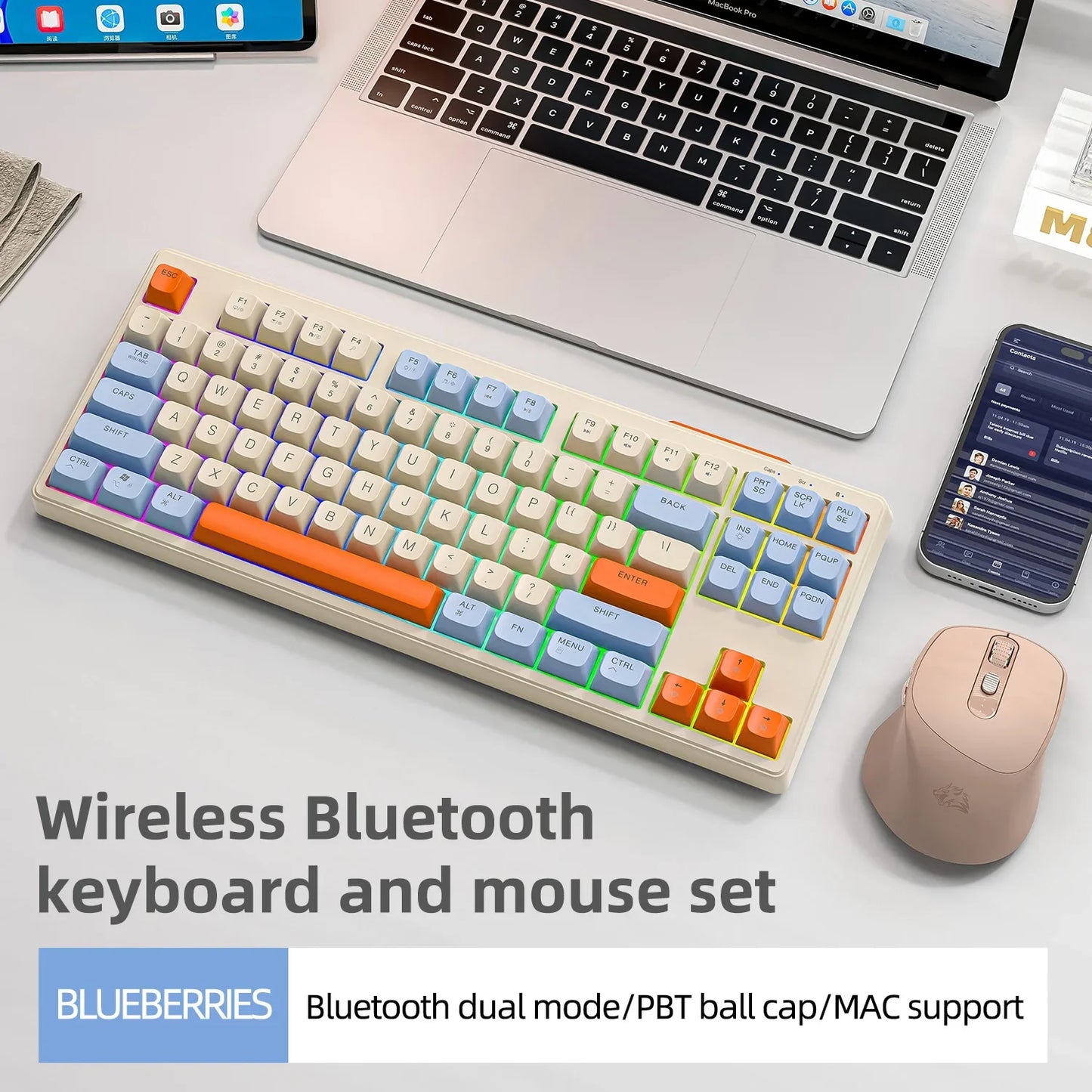 M87 Wireless Bluetooth Dual Mode Keyboard, Mechanical Feeling Gaming Gaming Office Mute PBT Ball Cap Rainbow Light