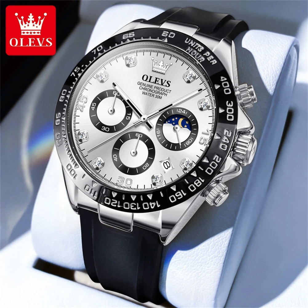 OLEVS 2875 Quartz Watch for Men Original Luxury Brand Silicone Strap Chronograph Auto Date Waterproof Moon Phase Sport Man Watch