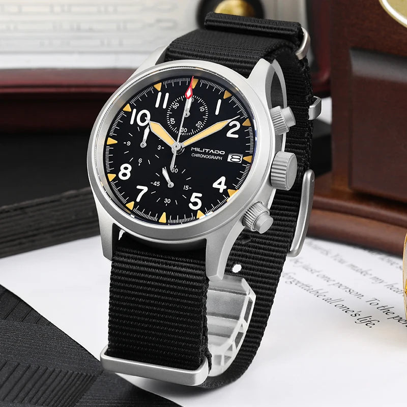 Militado ML1868KF Retro VK67 Quartz Chronograph Watch Stainless Steel Case 3 Dial Waterproof 100M  Multifunction Military Watch