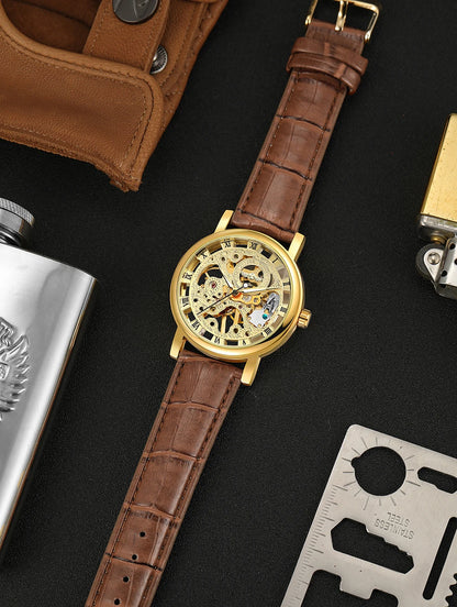 T-Winner Popular Lovers Skeleton Design Gold Watches Mechanical Hand Wind Movement PU Leather Strap Wristwatch for Men Women