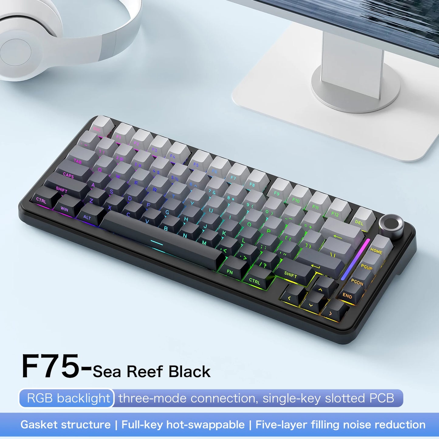 FREEWOLF F75 Gaming Mechanical Keyboard, 75% Tri-Mode Wireless Bluetooth, AULA F75 Same Model, RGB Hot Swappable PBT 4000mAh