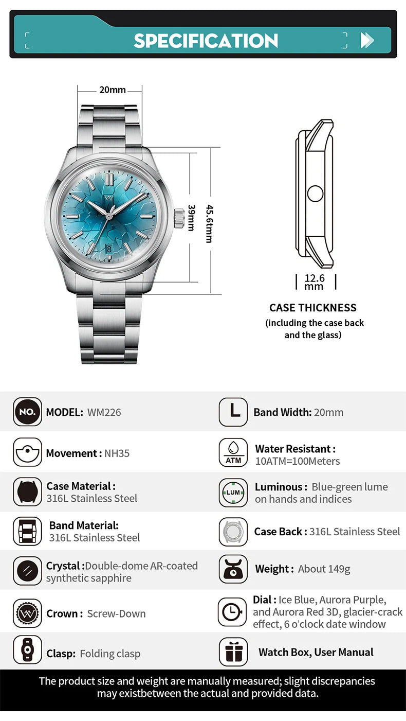 WM Watch Automatic Mechanical Men Watches NH35 Sapphire Glacier Collection 100M Water Resistant Man Welly Merck Watch WM226