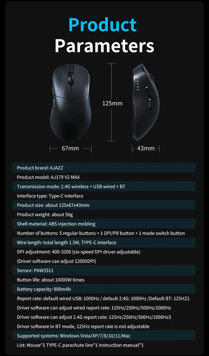 AJAZZ AJ179 V2 MAX Tri-mode Right-handed Mouse 56g Lightweight PAW3311 Sensor Huanuo Micro Switch Telink Microchip