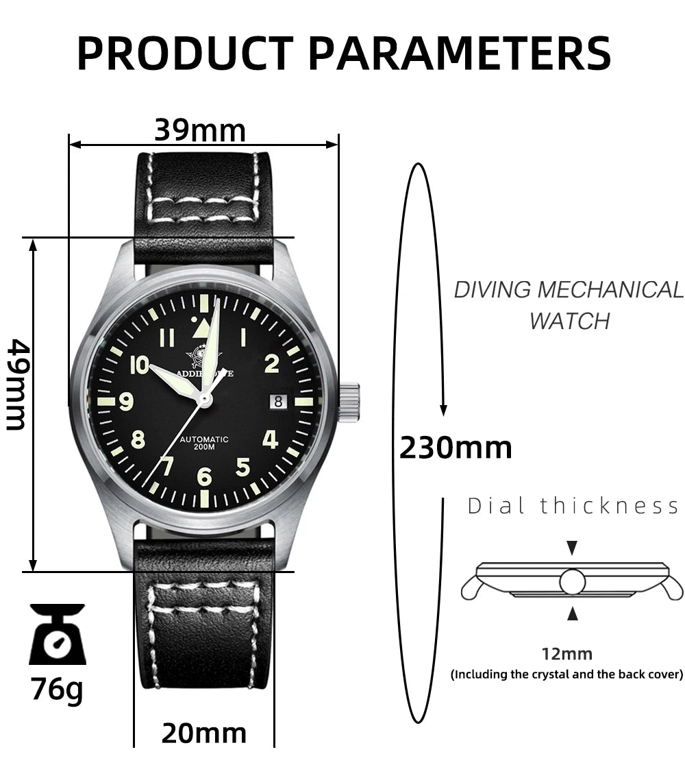 ADDIESDIVE Men's Automatic Mechanical Diving Watch 200m Waterproof C3 Ultra Bright Men's Watch Men's Leather Retro Watch AD2519