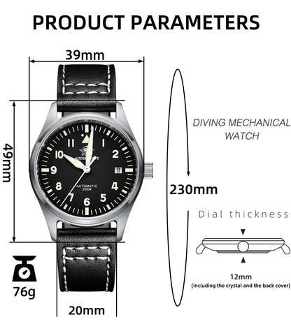 ADDIESDIVE Men's Automatic Mechanical Diving Watch 200m Waterproof C3 Ultra Bright Men's Watch Men's Leather Retro Watch AD2519