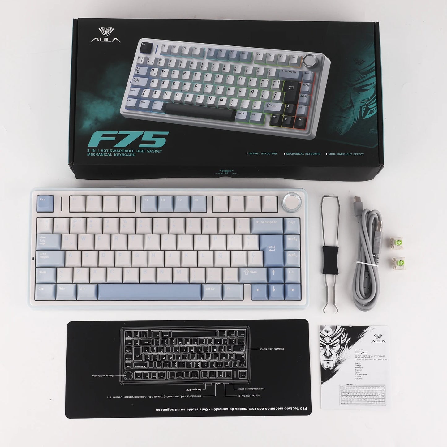 EPOMAKER AULA F75 ISO-ES 75% Spanische QWERTY Hot-Swap, Gasket-Mounted, kabelgebundene/Bluetooth/2.4GHz kabellose mechanische Gaming-Tastatur mit RGB-Hintergrundbeleuchtung
