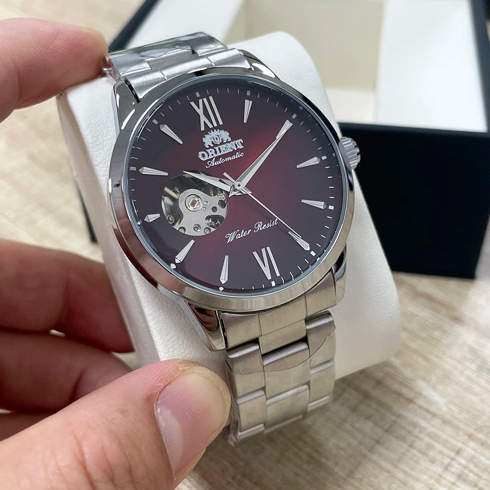 Orient Men's Automatic Open Heart Watch Blue Dial Stainless Steel Band Casual Dress Wristwatch 30M Water Resistant Fashion Watch