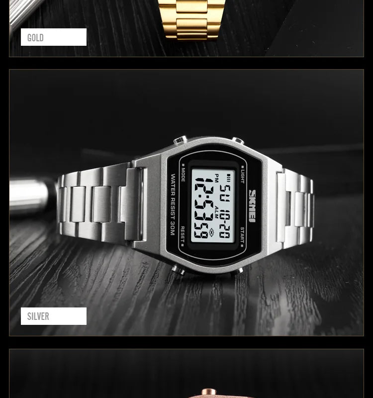 Skmei Unisex Digital Sport's Watches Stainless Steel Strap Led Waterproof 12/24 Hour Format Electronic Alarm Clock