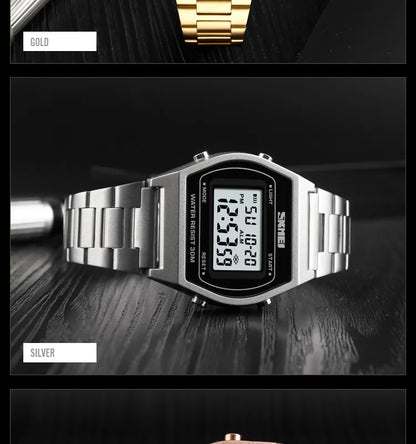 Skmei Unisex Digital Sport's Watches Stainless Steel Strap Led Waterproof 12/24 Hour Format Electronic Alarm Clock
