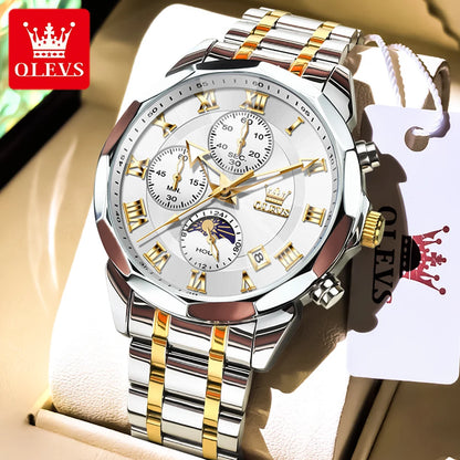 OLEVS 3675 Mens Watch Original Multifunctional Chronograph Quartz Watch Moon Phase Watches For Men Waterproof Mens Gifts Reloj