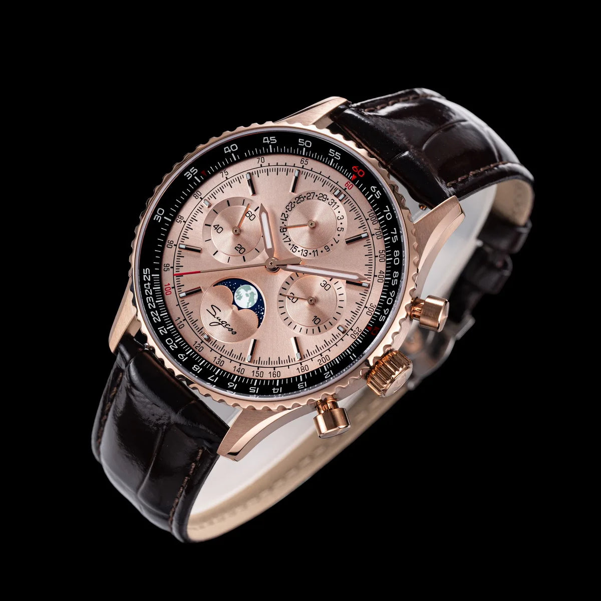 Sugess Chronograph Watch of Man ST1908 Swanneck Movement Mechanical Moonphase Wristwatches Waterproof Calendar Vintage New S468