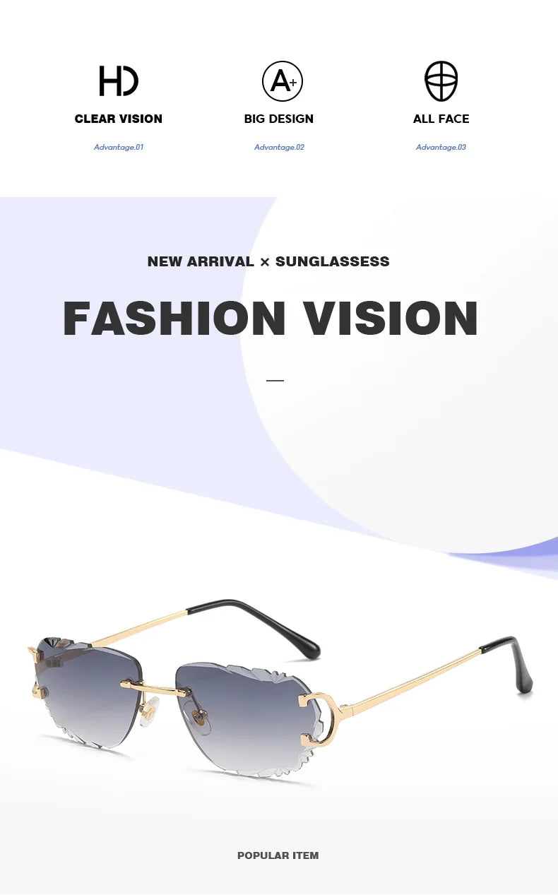 Ochelari de soare retro pentru femei, de marcă, de designer, fără ramă, ochelari de soare la modă, cu lentile tăiate neregulat, ochelari de vedere fără ramă pentru doamne