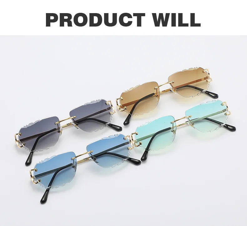 Ochelari de soare retro pentru femei, de marcă, de designer, fără ramă, ochelari de soare la modă, cu lentile tăiate neregulat, ochelari de vedere fără ramă pentru doamne