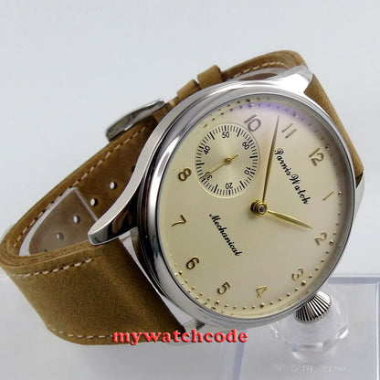 Vintage PARNIS Mechanical Hand Winding Watch Men Gold 44mm Steel Wristwatch Sport 17 Jewels 6497 Movtt Khaki Band Glass Back