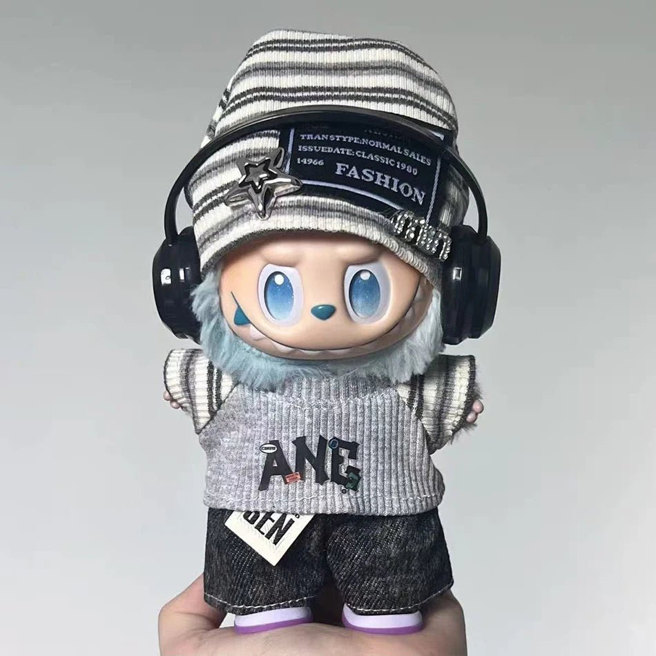 For Labubu 15-17cm Cloth Korean Grey Star Hat Suit Pull Bubu Baby Clothes 123rd Generation High-energy Hope Vinyl Doll Clothes