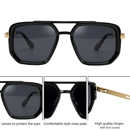 Ochelari de soare pătrați polarizați pentru bărbați, de lux, în stil vintage, cu punte dublă, lentile cu gradient, ochelari de soare pentru șofat, ochelari de soare retro cu partea superioară plată, pentru bărbați