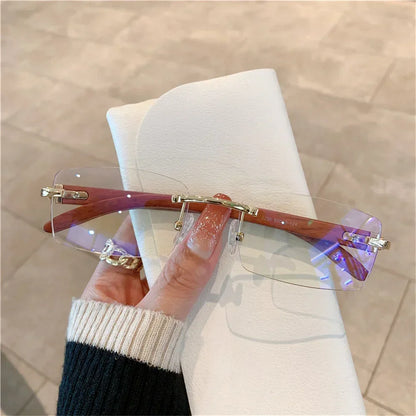 Rectangle Fashion Rimless Sunglasses for Women Men Gangster 90s Frameless Shades Retro Vintage Trendy Wooden Frame Eyewear