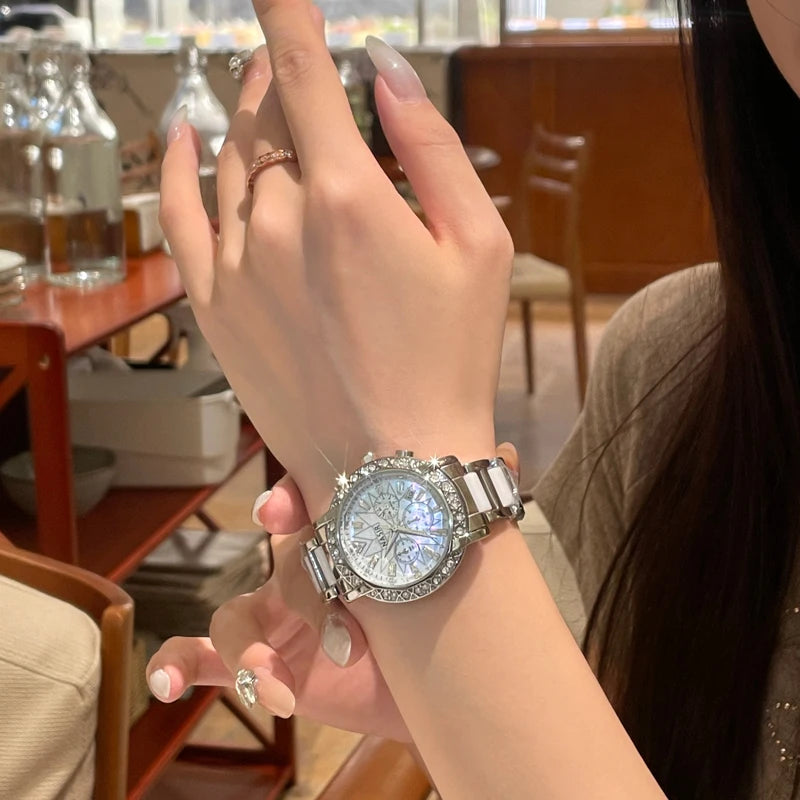 CILOA Women's Chronograph Watch Diamond Bezel White Ceramic & Stainless Steel Band Luxury Fashion Quartz Wristwatch