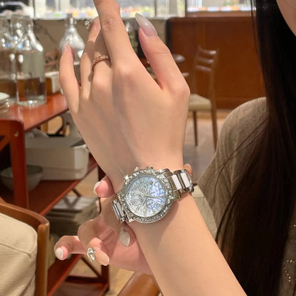 CILOA Women's Chronograph Watch Diamond Bezel White Ceramic & Stainless Steel Band Luxury Fashion Quartz Wristwatch