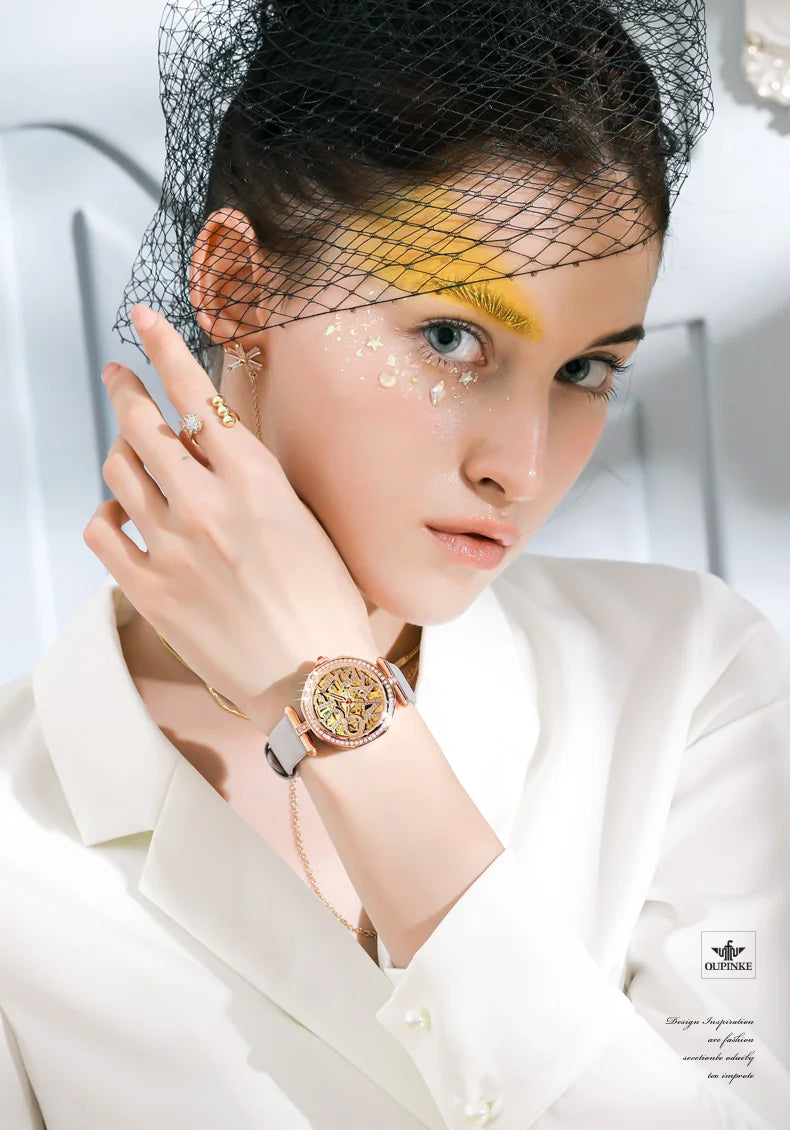 OUPINKE 3175 Women Watches Luxury Elegant Skeleton Automatic Mechanical Watches For Woman 50M Waterproof Bracelet Necklace Set