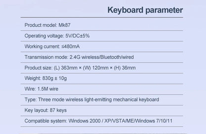 SMAILWOLF MK87 teclado mecânico sem fios Bluetooth para e-sports, com teclas completas, hot-swap e personalização
