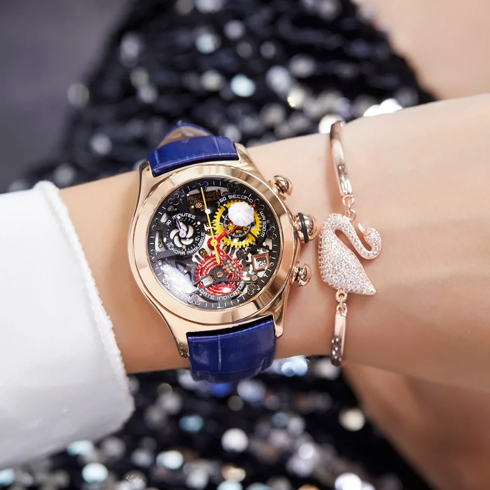 Reef Tiger New Designer Top Brand Luxury Fashion Watches for Women Steel Skeleton Watches Blue Strap Sport Watches RGA7181