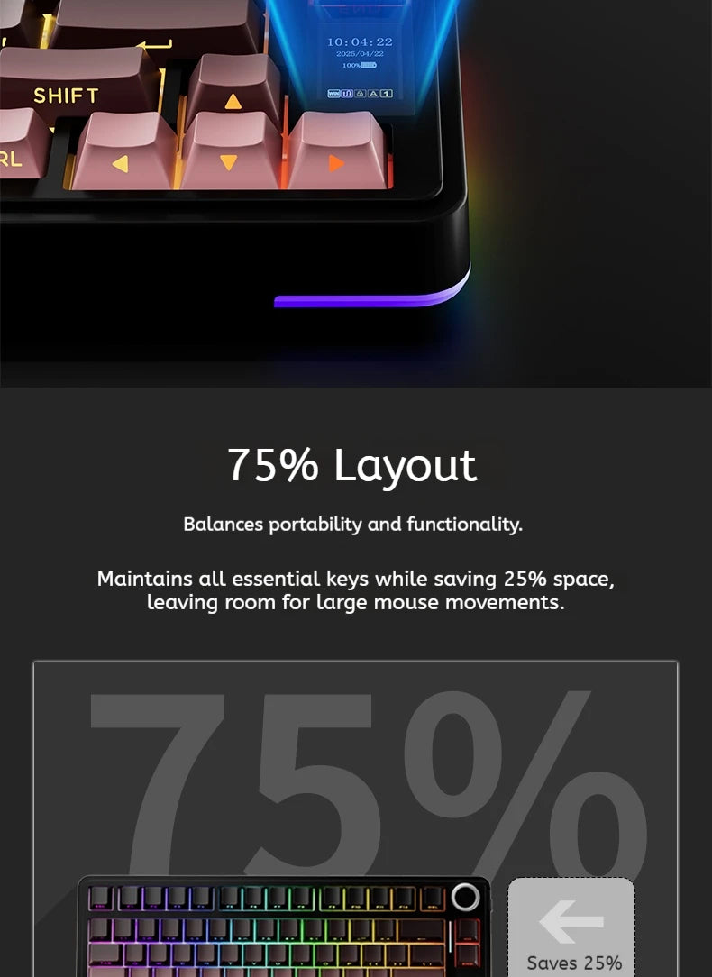 Teclado Mecânico AULA S75 PRO 75% Layout Personalizado Retroiluminação RGB Sem Fios Bluetooth Gaming com Ecrã e Botão Rotativo