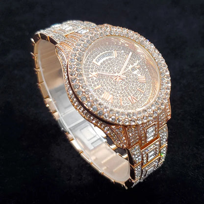 Luxury Diamond Watch for Men Fashion Bling Iced Out Day Date Watches Hip Hop Golden Stainless Steel Quartz Man Clock Hot Sale