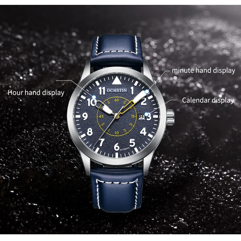 OCHSTIN Mens Fashion Luxury Mechanical Automatic Skeleton Watch Transparent Back Cover Creative Design With Yellow Calendar Dial