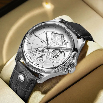 Relógio de pulso de quartzo POEDAGAR para homem – Estilo empresarial, de luxo, estanque, luminoso, com indicação da data e bracelete em pele – Relógio elegante para homem